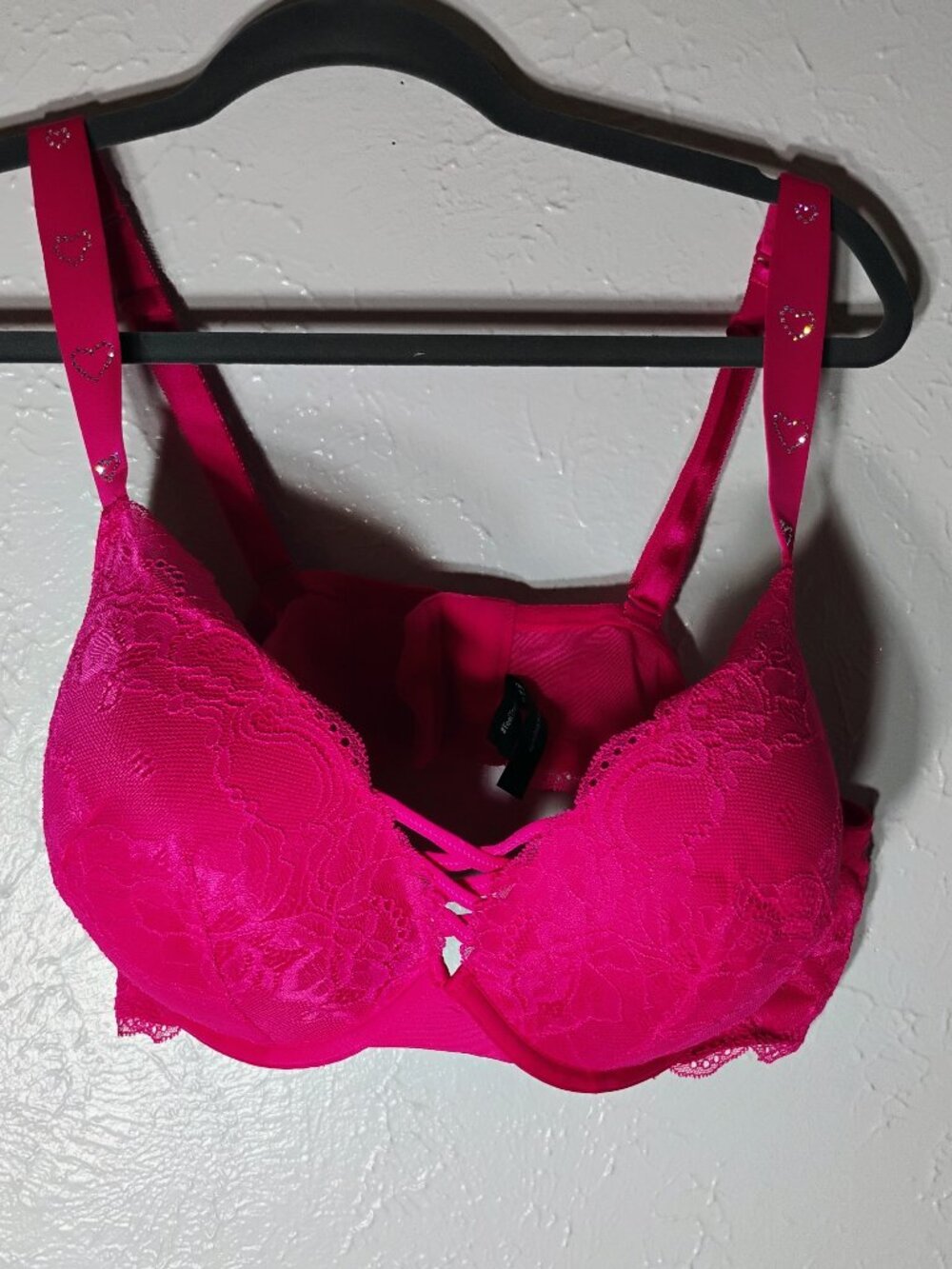 Torrid Hot Pink Lace Bling Plunge Boost Push Up Padded Underwire Bra 44C